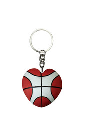 Keychain Ring with Basketball shape heart on a white background, Key chain with mini red heart basketball  on concret floor,