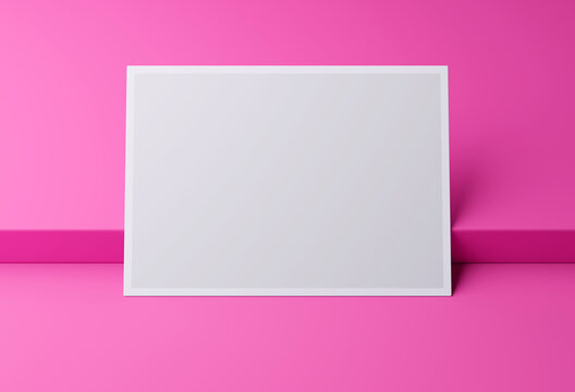 Blank white horizontal postcard mockup on pink box podium, 3D rendering