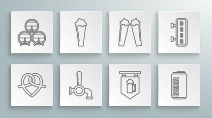 Set line Pretzel, Glass of beer, Beer tap, Street signboard with glass, can, inscription and Wooden barrel rack stopcock icon. Vector