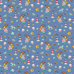A cute and funny ornament depicting a little girl with a pet in her arms among children's toys. Seamless pattern for printing on fabric, wallpaper, packaging and stationery.
