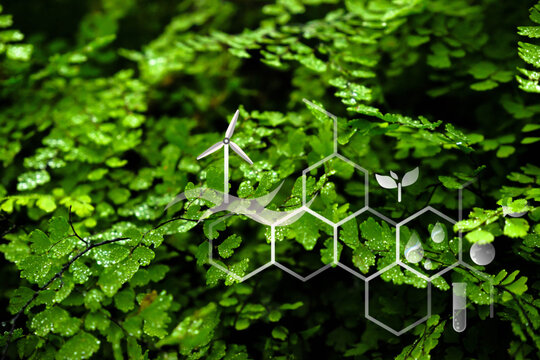 Illustration of clean energy, wind energy, science, innovative modern design on dark green leaf background.