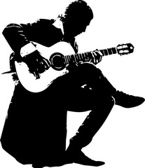 Silhouette of stylish guitar player, line art illustration of guitar player sitting in stylish pose, guitar vector