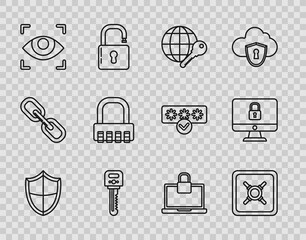 Set line Shield, Safe, Globe key, Key, Eye scan, combination lock, Laptop and and Lock computer monitor screen icon. Vector