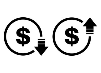 Set of cost symbol dollar increase and decrease icon. Money vector symbol isolated on background