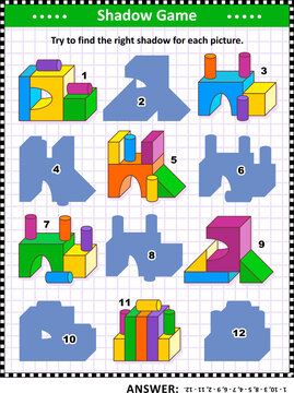 Shadow matching game or visual puzzle with building blocks objects. Answer included.

