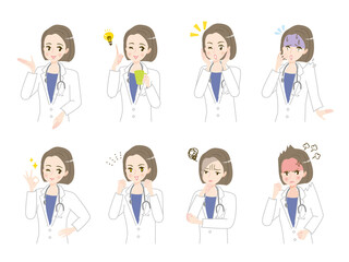 若い女性医師の表情イラスト素材セット
