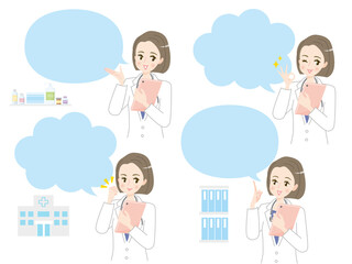 タブレットを持った女性医師の表情バリエーションと吹き出しのイラスト素材セット