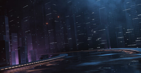 3D Rendering of neon city with light reflection from puddles on wet street heading toward buildings. Concept for night life,  business district center (CBD)Cyber punk theme, tech or game background 