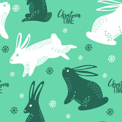 Cute winter pattern with rabbits and snowflakes. Symbol of 2023

