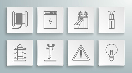 Set line High voltage power pole line, Power bank, Exclamation mark triangle, Light bulb, Nuclear plant, Electric cable and Wire electric reel or drum icon. Vector