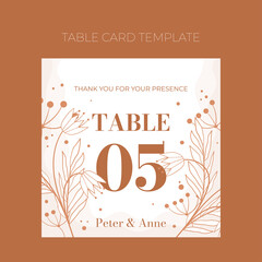 Floral wedding Table number template in doodle style, invitation card design beige and white flowers, leaves and berries. Decorative frame pattern and wreath. Vector elegant decoration on white