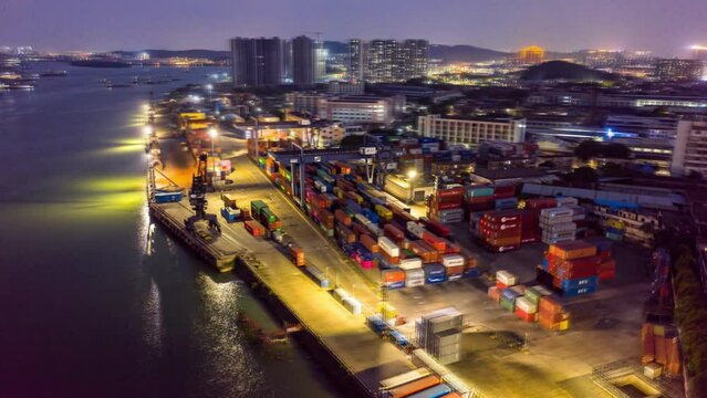 aerial city ports high sand port of time-lapse photography/guangdong jiangmen at night