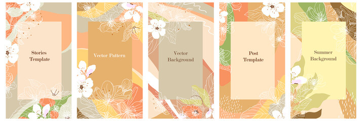 Set of floral backgrounds with abstract spots, blooming white flowers. Graphic design for flyer, banner, poster, promotional content, social media stories. Plant theme, frames with linear sakura