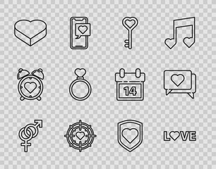 Set line Gender, Love text, Key in heart shape, Heart the center of darts target aim, Candy shaped box, Wedding rings, with shield and Like icon. Vector