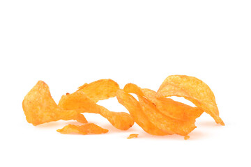 Natural fried in sunflower oil potato thin chips with paprika powder and taste isolated on white