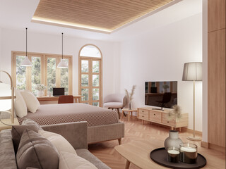 Modern vintage style bedroom decoration idea with nature view 3d render The Rooms have wooden floors ,decorated with brown fabric furniture