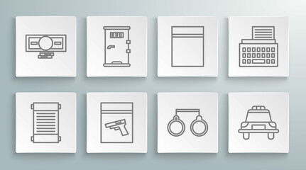 Set line Decree, paper, parchment, scroll, Prison cell door, Evidence bag and pistol gun, Handcuffs, Police car flasher, Plastic with ziplock, Retro typewriter and Stacks money cash icon. Vector