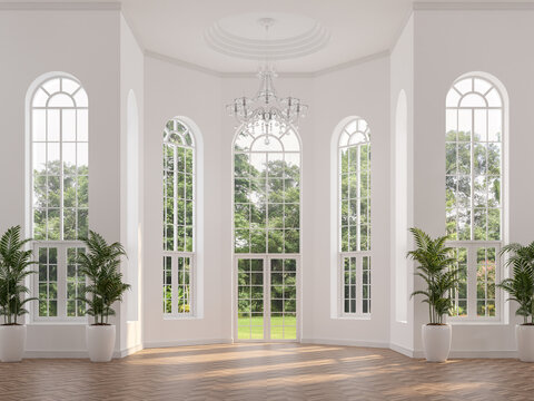 Modern luxury classical style empty white room with nature view 3d render,There are wooden floors and arch shape window, overlooking green lawn and garden