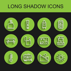 Set line Meteorology thermometer, Rv Camping trailer, gas stove, Mountains, Sun, Lighter, Hiking backpack and Folded map with location icon. Vector