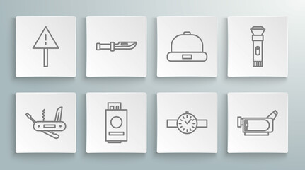 Set line Swiss army knife, Camping, Passport with ticket, Wrist watch, Cinema camera, Beanie hat, Flashlight and Exclamation mark triangle icon. Vector