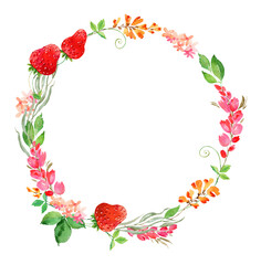 Watercolor woodland wild flowers and strawberry wreath, circle frame. Summer forest floral border.