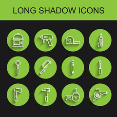 Set line Wooden axe, Claw hammer, Paint bucket, Angle grinder, Leaf garden blower, Hacksaw, Screwdriver and Pencil with eraser icon. Vector