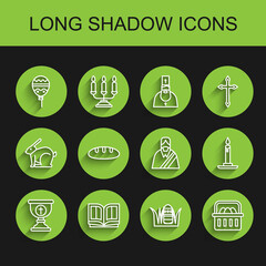 Fototapeta premium Set line Christian chalice, Holy bible book, Balloons with ribbon, Easter egg, Basket easter eggs, Bread loaf, Burning candle in candlestick and Jesus icon. Vector