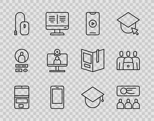 Set line Laptop, Training, presentation, Online play video, Mobile phone, Computer mouse, Video chat conference, Graduation cap globe and class icon. Vector