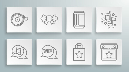 Set line Musical note in speech bubble, Bow tie, Vip, Paper shopping bag, Calendar party, Beer can, note, tone and Vinyl player with disk icon. Vector