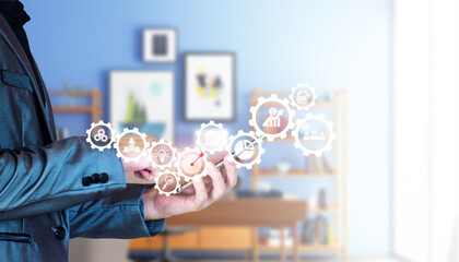 Business database analysis concept. Businessman analyzing economic data. related to business operations, analysis of future economic trends, virtual screens, business networking, internet technology.