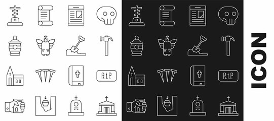 Set line Old crypt, Speech bubble rip death, Hammer, Obituaries, Christmas angel, Funeral urn, Grave with cross and Shovel in the ground icon. Vector