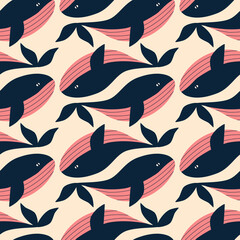 Creative whales hand drawn vector illustration. Cute ocean animals seamless pattern for children fabric or wallpaper.