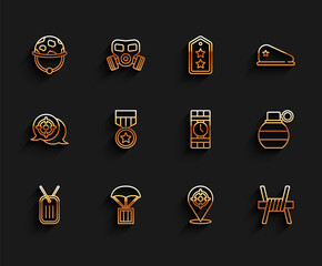 Set line Military dog tag, Airdrop box, helmet, Target sport, Barbed wire, reward medal, Hand grenade and Dynamite timer clock icon. Vector