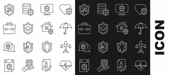 Set line Life insurance, Plane, Umbrella, Location shield, Graduation cap with, Briefcase, and House icon. Vector