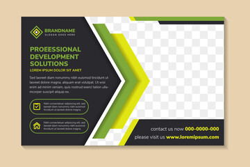 green black flyer template design. Headline is professional development solutions. Space of photo collage and text. Advertising banner with horizontal layout background. arrow multicolored green.