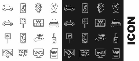 Set line Taxi driver license, Car key with remote, car, Traffic light, Airport, and Taximeter icon. Vector