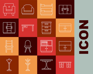 Set line Office desk, Wardrobe, Chest of drawers, Bunk bed, Armchair and Furniture nightstand icon. Vector