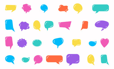 Hand drawn speech bubbles. Doodle dialogue bubble, thinking cloud with handwritten text. Cute comic talking balloons, notebook stickers vector set. Sounds and phrases for communication