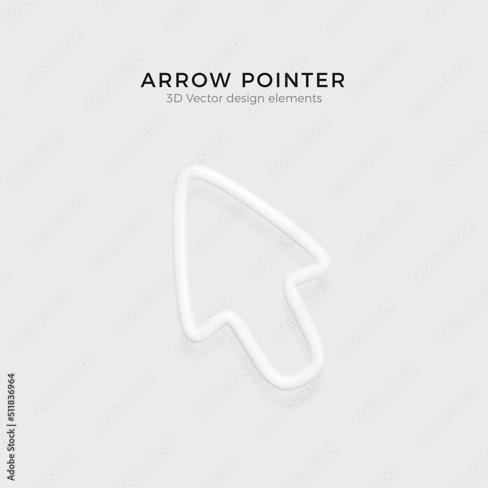 Poster white arrow pointer in realistic cartoon style. 3d cursor symbol with shadow