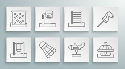 Fototapeta premium Set line Swing, Basketball backboard, Badminton shuttlecock, plane, Attraction carousel, Swedish wall, Toy horse and Climbing icon. Vector