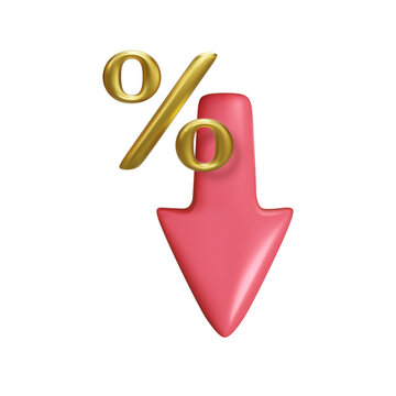 Gold percent sign and red arrow down isolated on white background. Business icon banking concept