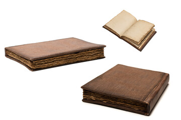 An open empty old notebook isolated on a white background.