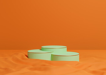 Neon orange, bright red 3D rendering minimal product display three luxury cylinder podiums or stands, on wavy textile product photography background abstract composition with golden lines cosmetic