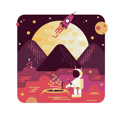 Obraz premium Astronaut explores Mars. Vector illustration in flat stile