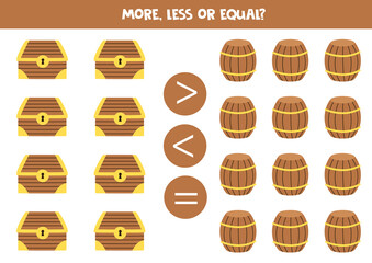 More, less, equal with treasure chests and barrels.