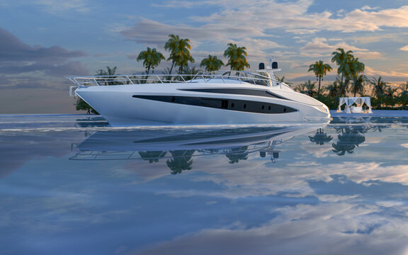 riva 63 virtus luxury motor yacht in front of an island