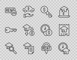 Set line Search house, Time is money, Rent key, House contract, with dollar, Location and icon. Vector