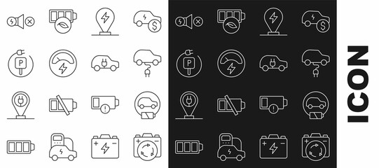 Set line Battery with recycle symbol, Electric car, Charging parking electric, Voltmeter, motor and icon. Vector