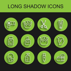 Set line Mustache and beard, Bottle of shampoo, Hair dryer, clipper, Shaving brush with foam, Aftershave, Hairstyle for men and icon. Vector