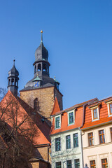 Fototapeta premium Houses in front of the historic St. Jacobi church in Hettstedt, Germany